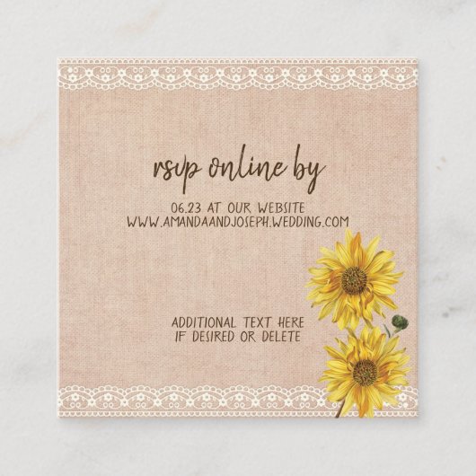 Rustieke Kant & Burlap Zonnebloemen Bruiloft RSVP  Informatiekaartje (Voorkant)