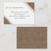 Rustieke Kant en Burlap Gereserveerde Zitplaatsen Plaatskaartje (Voorkant / Achterkant)