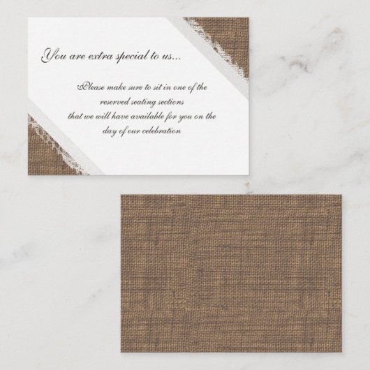 Rustieke Kant en Burlap Gereserveerde Zitplaatsen Plaatskaartje (Voorkant / Achterkant)