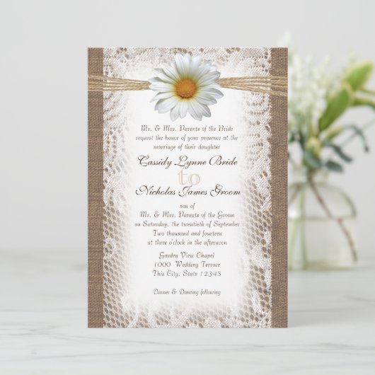 Rustieke kant en Burlap met Daisy zoals Gazania Kaart (Staand voorkant)