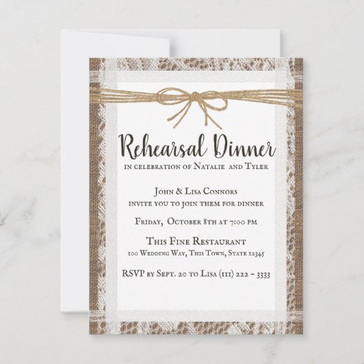 Rustieke Kant en Burlap repetitie diner uitnodigin RSVP Kaartje (Voorkant)