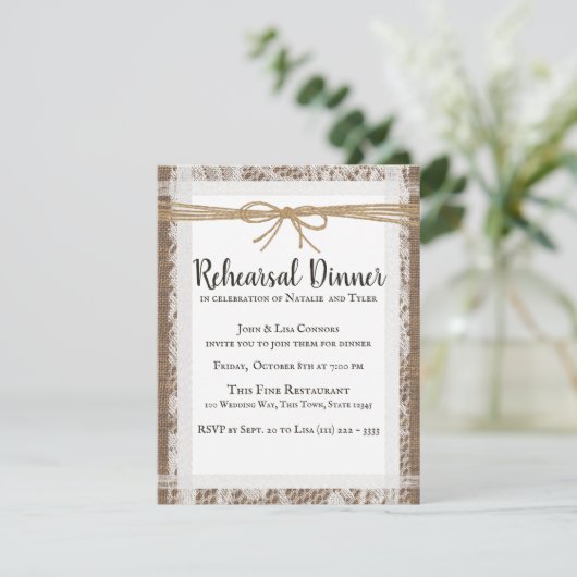 Rustieke Kant en Burlap repetitie diner uitnodigin RSVP Kaartje (Staand voorkant)