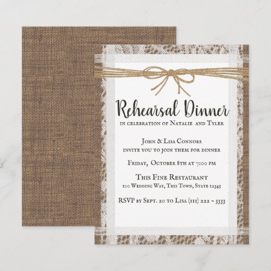 Rustieke Kant en Burlap repetitie diner uitnodigin RSVP Kaartje (Voorkant / Achterkant)