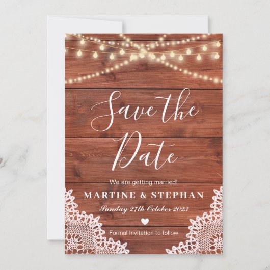 Rustieke kant en feestverlichting save the date kaart (Voorkant)