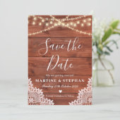 Rustieke kant en feestverlichting save the date kaart (Staand voorkant)