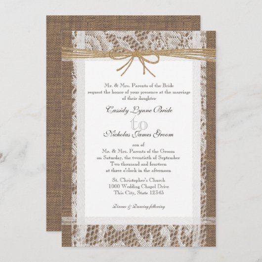 Rustieke Kant en Jute Twine Bruiloft Kaart (Voorkant / Achterkant)