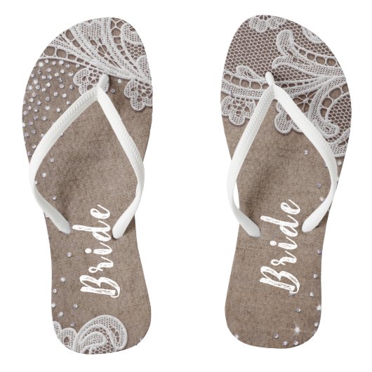 Rustieke kant en jute zilveren glitter bruid teenslippers (Voetbed)
