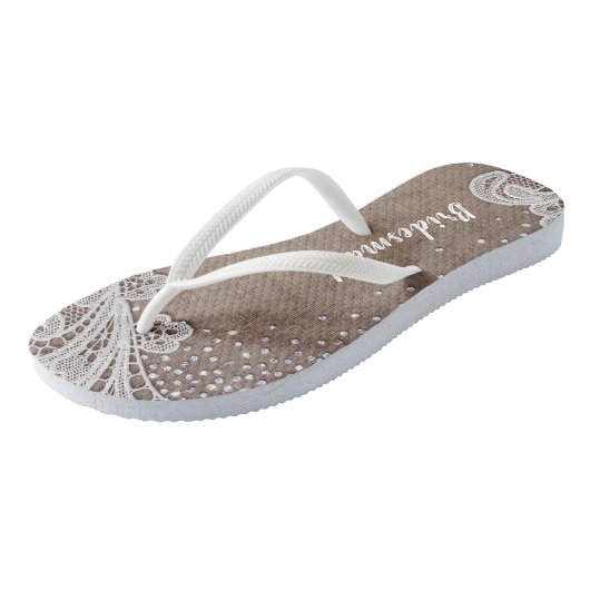 Rustieke kant en jute zilveren glitter bruidsmeisj teenslippers (Schuin)