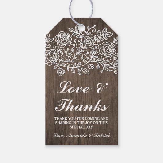 Rustieke Kant en Land Houten Bruiloft Dank u Cadeaulabel (Voorkant)