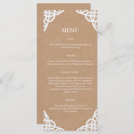Rustieke kant en medium Burlap Menu (Voorkant / Achterkant)