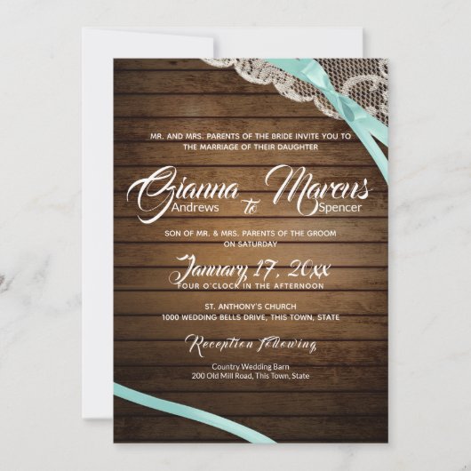 Rustieke kant en schuur hout bruiloft kaart (Voorkant)