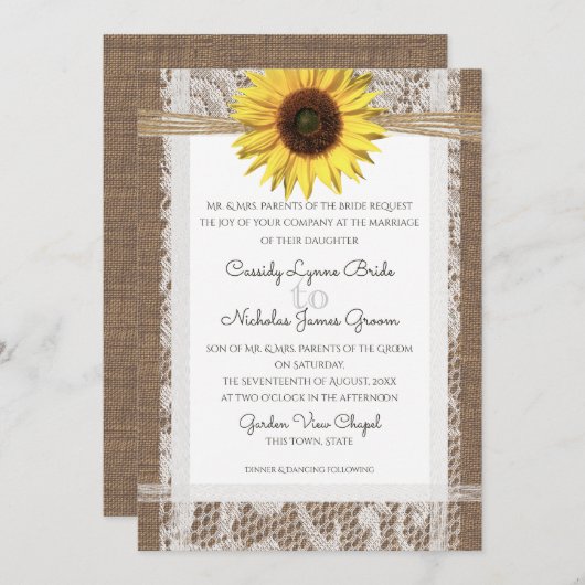 Rustieke kant en zonnebloem bruiloft kaart (Voorkant / Achterkant)
