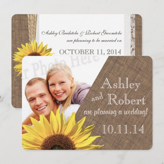 Rustieke kant en zonnebloem foto Save the Date Kaart (Voorkant / Achterkant)
