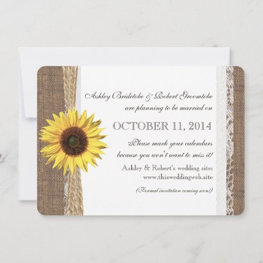 Rustieke kant en zonnebloem foto Save the Date Kaart (Achterkant)