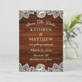 Rustieke kant hout bruiloft save the date (Staand voorkant)