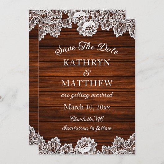 Rustieke kant hout bruiloft save the date (Voorkant / Achterkant)