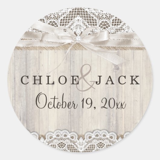 Rustieke  Kant & Hout Bruiloft Sticker (Voorkant)