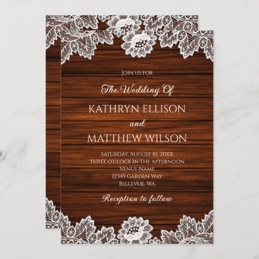 Rustieke kant hout patroon bruiloft kaart (Voorkant / Achterkant)