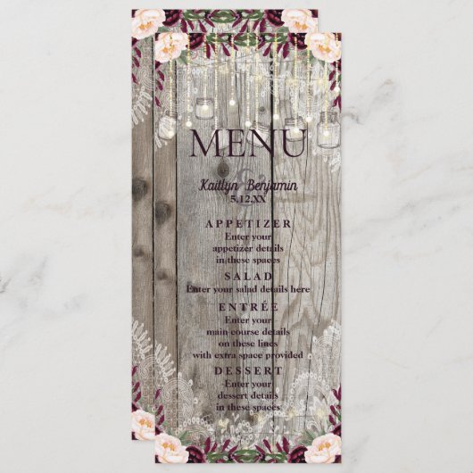 Rustieke Kant Jar Wood & String Lights Bruiloft Me Menu (Voorkant / Achterkant)