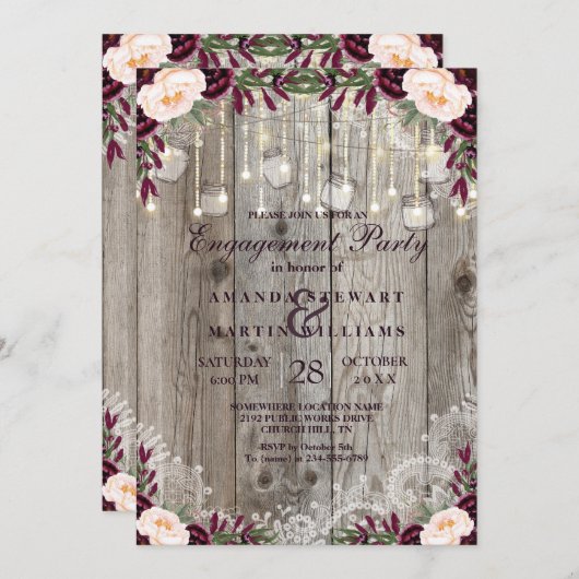 Rustieke Kant Jar Wood & String Lights Verloving Kaart (Voorkant / Achterkant)