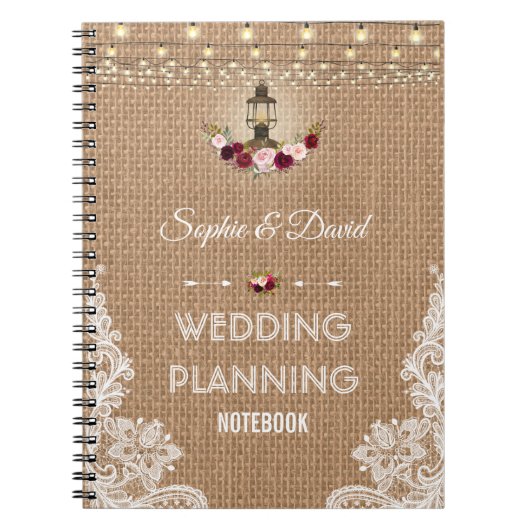 Rustieke Kant Jute Snoerlichten Trouw Planner Notitieboek (Voorkant)