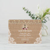 Rustieke Kant Jute Zakdoek Slingerlampjes Save The Date (Staand voorkant)