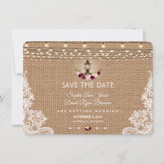 Rustieke Kant Jute Zakdoek Slingerlampjes Save The Date (Voorkant)