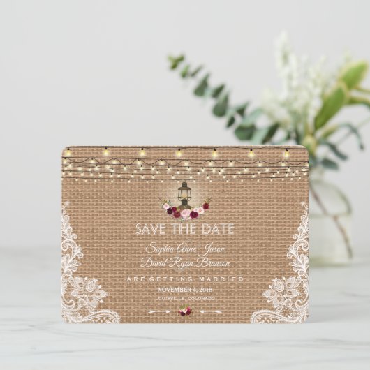 Rustieke Kant Jute Zakdoek Slingerlampjes Save The Save The Date (Staand voorkant)