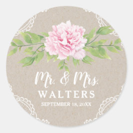 Rustieke Kant Kraft Roze Waterverf Bloem | Bruilof Ronde Sticker