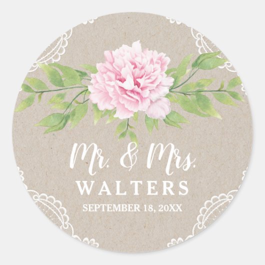 Rustieke Kant Kraft Roze Waterverf Bloem | Bruilof Ronde Sticker (Voorkant)