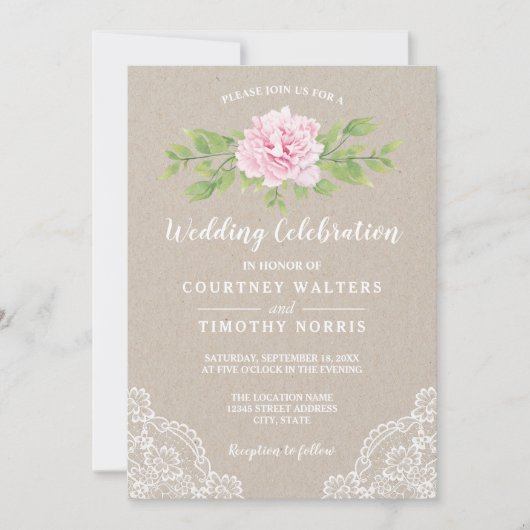 Rustieke Kant Kraft Waterverf Roze Bloem Bruiloft Kaart (Voorkant)