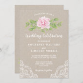 Rustieke Kant Kraft Waterverf Roze Bloem Bruiloft Kaart (Voorkant / Achterkant)