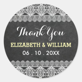 Rustieke kant & krijtbord bruiloft dank u geel ronde sticker