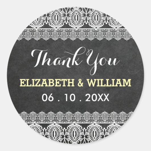 Rustieke kant & krijtbord bruiloft dank u geel ronde sticker (Voorkant)