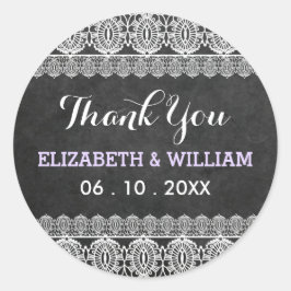 Rustieke kant & krijtbord bruiloft dank u Paarse Ronde Sticker