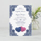 Rustieke Kant Marine Blauw en Roze Bloemen Bruilof Kaart (Staand voorkant)