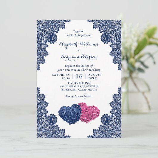 Rustieke Kant Marine Blauw en Roze Bloemen Bruilof Kaart (Staand voorkant)