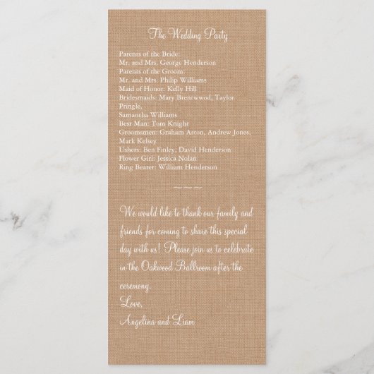 Rustieke kant & Medium Burlap Wedding Programma Programmakaart (Achterkant)