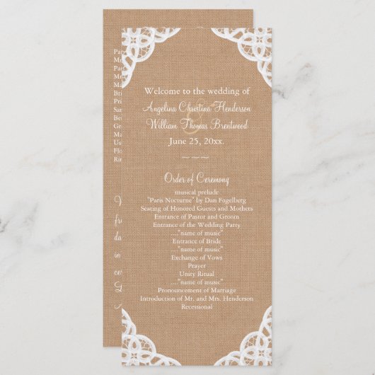 Rustieke kant & Medium Burlap Wedding Programma Programmakaart (Voorkant / Achterkant)