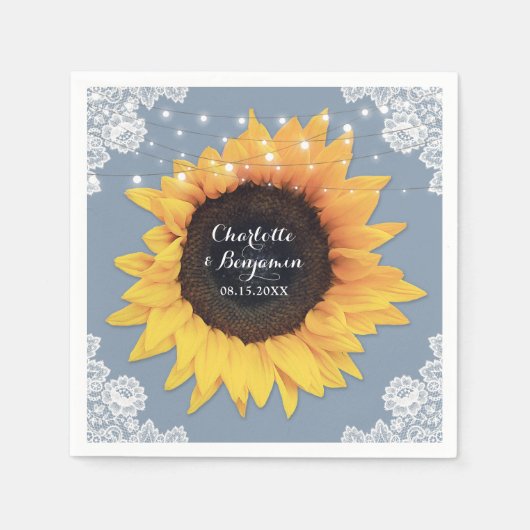 Rustieke Kant Zonnebloem Stoffig Blauw Bruiloft Servet (Voorkant)