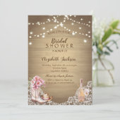 Rustieke, Kanten, Laarzen Bloemen Houten Bruilofts Kaart (Staand voorkant)