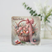 rustieke kantenmand met pasteleieren feestdagenkaart (Staand voorkant)