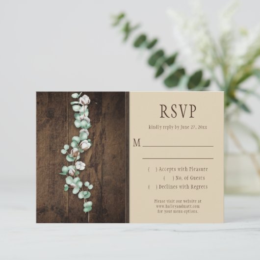 Rustieke Katoenen Bolls en Eucalyptus Schuur Hout  RSVP Kaartje (Staand voorkant)