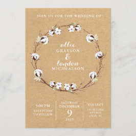 Rustieke katoenen krans bruiloft uitnodiging