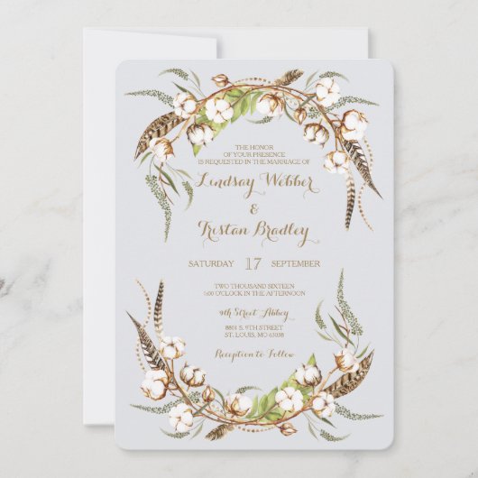 Rustieke Katoenen Krans Veren Bruiloft Kaart (Voorkant)