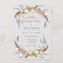 Rustieke Katoenen Krans Veren Bruiloft Kaart