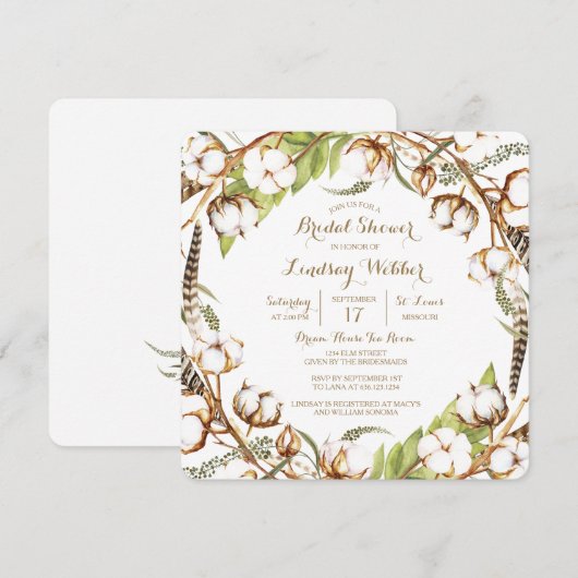 Rustieke katoenen veren bruids douche uitnodiging (Voorkant / Achterkant)