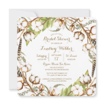 Rustieke katoenen veren bruids douche uitnodiging