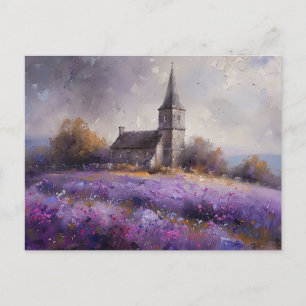 Rustieke kerk en Paarse Wildflower Field Painting Briefkaart