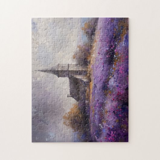 Rustieke kerk en Paarse Wildflower Field Painting Legpuzzel (Verticaal)